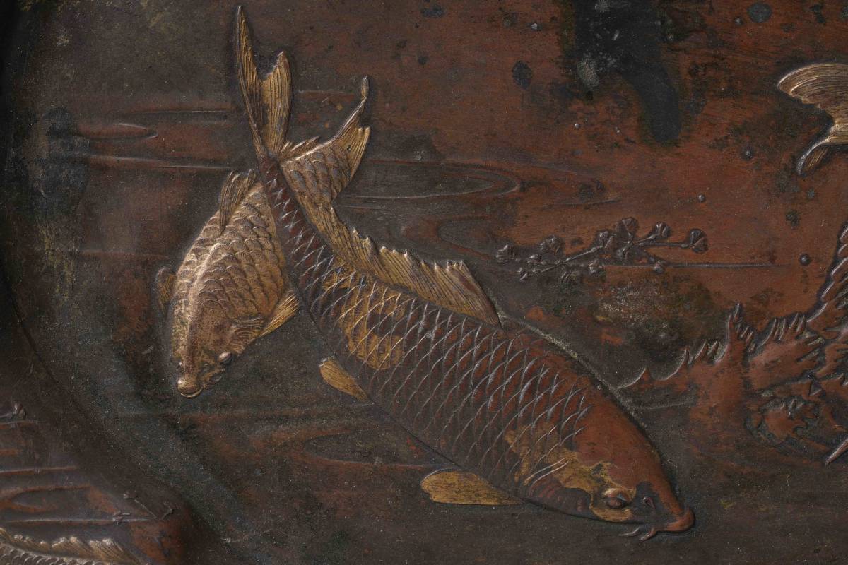 銅製品 皿 花魚紋 置物 飾物 皿立て付 YS23720120 【公式通販】