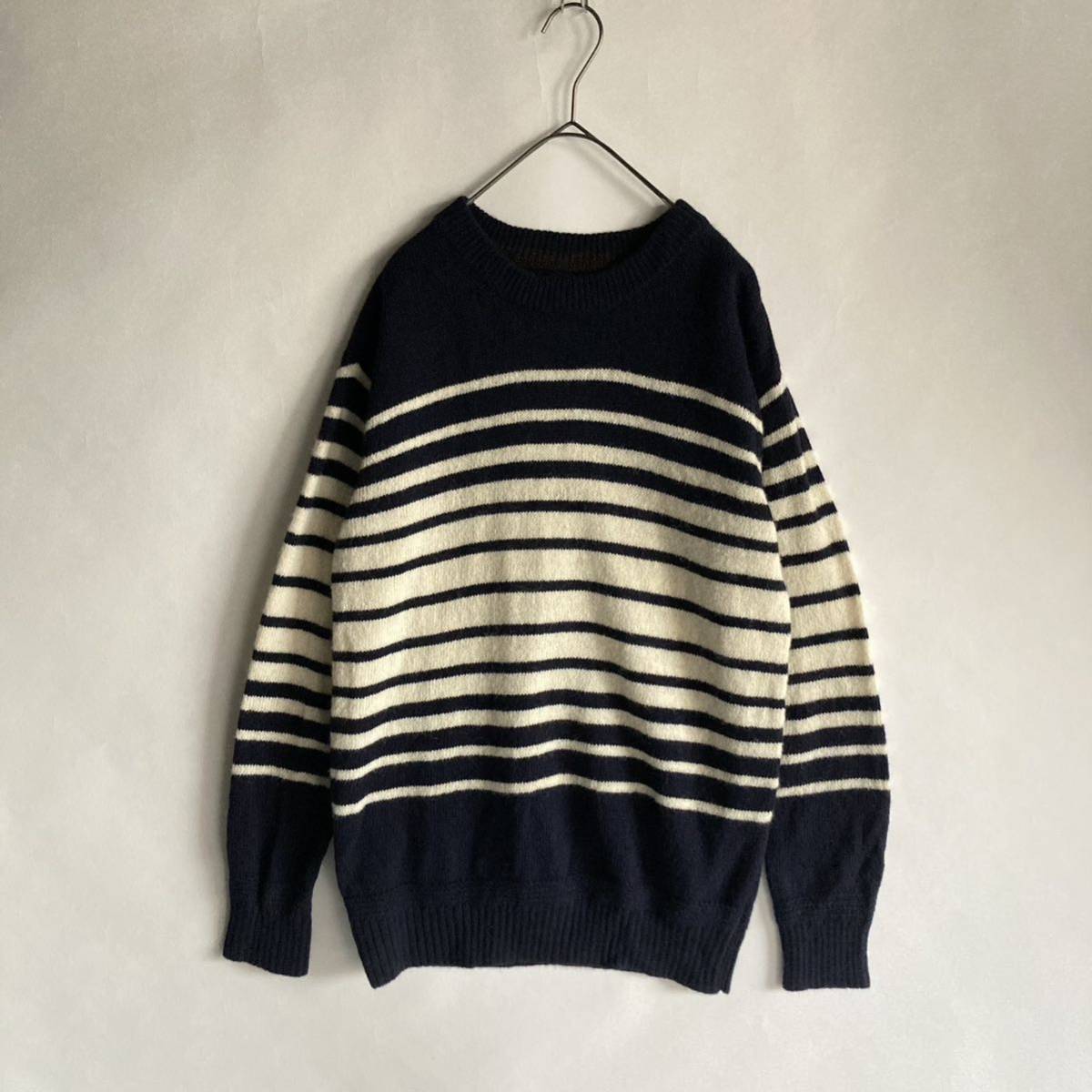 STILL BY HAND 日本製 スティルバイハンド パネルボーダー ウール ニット クルーネック セーター ベーシック ネイビー × 白 size 46