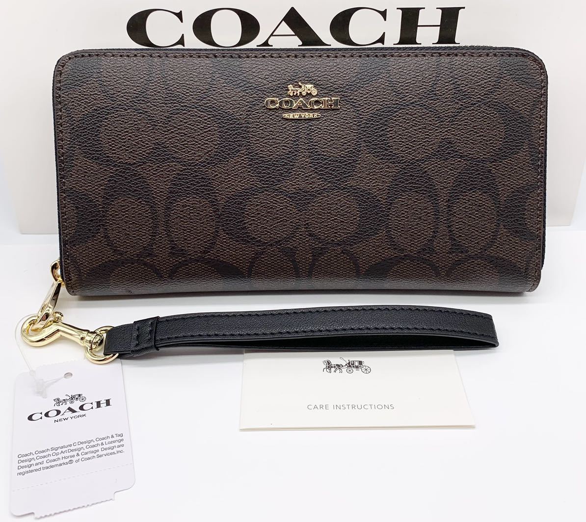 COACH 長財布　C4452 ブラウン　シグネチャー　ストラップ付き　アウトレット品　