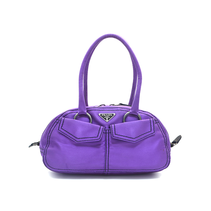 美品 PRADA プラダ ハンドバッグ ポーチ 三角ロゴ サテン パープル