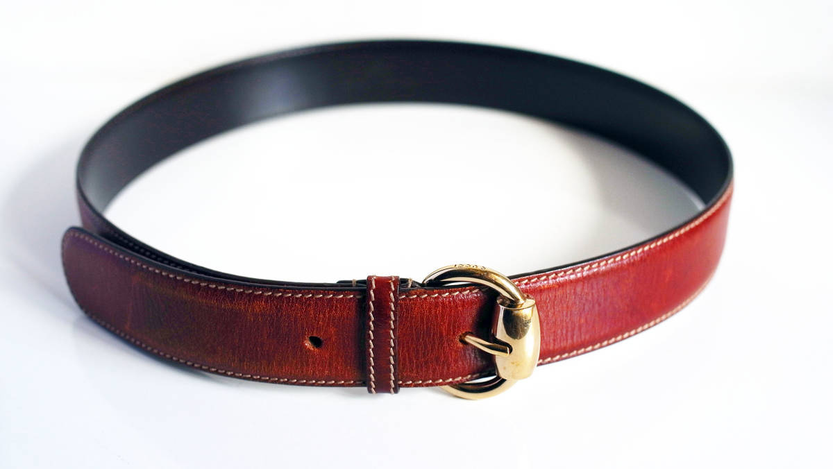 GUCCI レザー 赤い首輪 GUCCI グッチ メンズ レザーベルト ゴールドバックル ブラウン