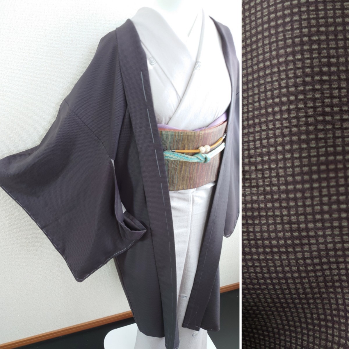すずや 257 単衣 正絹両面染 型染江戸小紋長羽織 岡重 裏地 裄丈69cm 