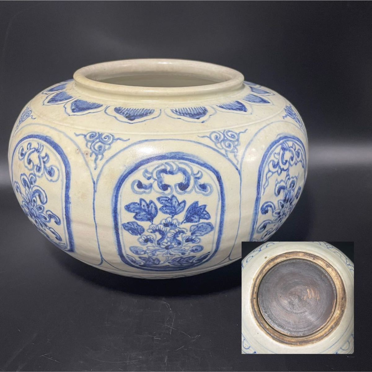 DH559 △ 中国美術 染付窓絵花卉紋壺 青花紋罐 染付壺