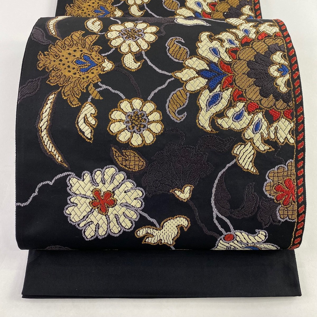 袋帯 美品 名品 落款 渡文 古渡錦 花唐草 金糸 黒 六通 正絹 【中古】