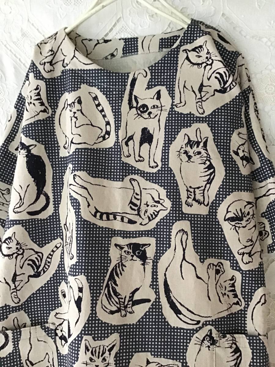 ハンドメイドワンピース OP チェック ネコ 切り抜き イラスト 綿麻 上品 大人かわいい カジュアル バイカラーナチュラル