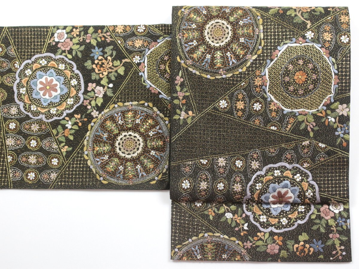 蘇州刺繍 袋帯 七宝繋ぎ 鳳凰 鳥 反物 未仕立て品 金彩加工 金糸 正絹