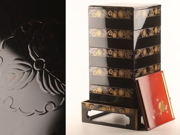 【琴》送料無料 時代漆器 松竹梅蒔絵五段重箱 重台付 箱付 DE588