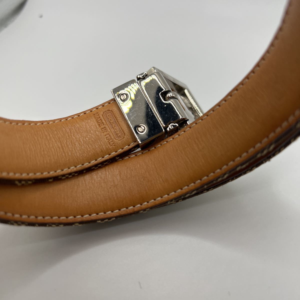 □3645 COACH コーチ ベルト シグネチャー レザー キャンバス ユニ 