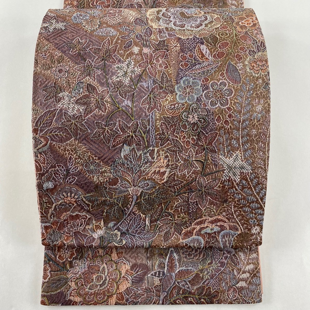 袋帯 美品 名品 草花 紗綾形 小豆色 全通 正絹 【中古】 袋帯 正絹 美品