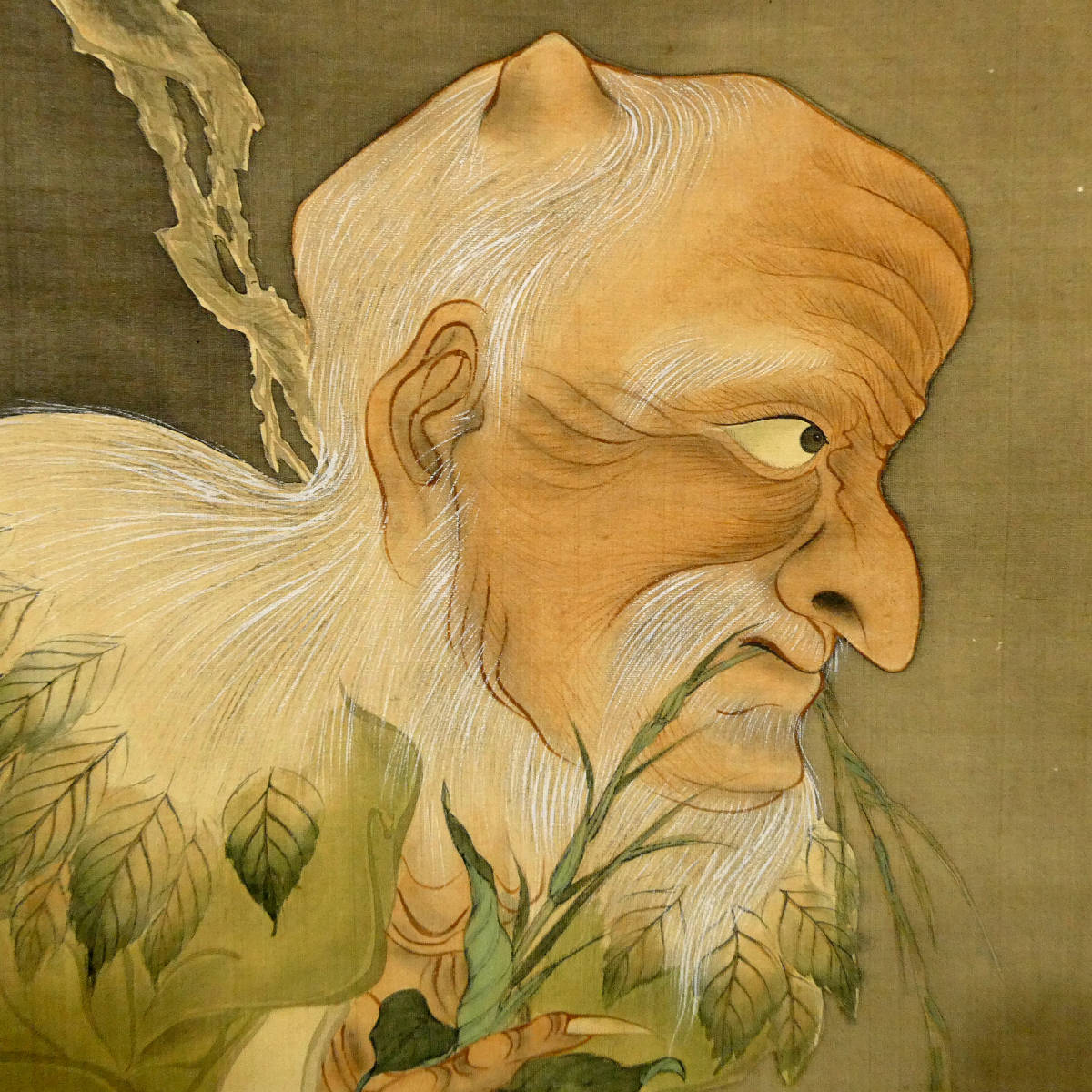古代中国神話“神農”像 肉筆古画 絹本彩色 農耕 医薬 交易の神 病気平癒 商売繁盛 五穀豊穣 軸装 木箱入り 漢方 薬草 准南子(掛軸 ...