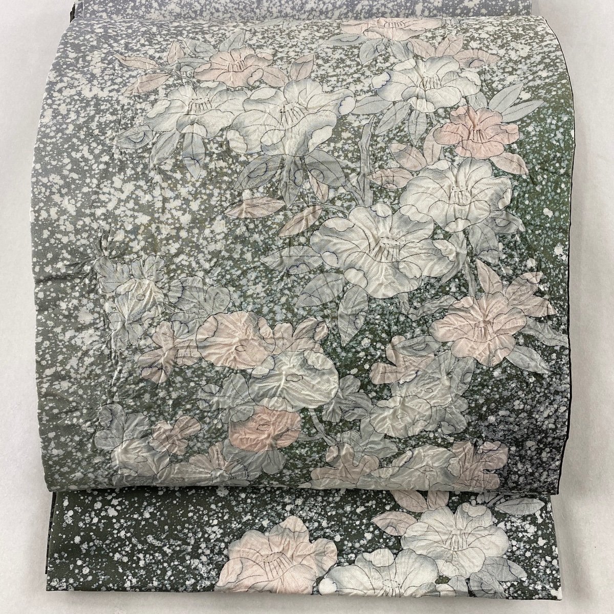 袋帯 美品 秀品 草花 灰緑 お太鼓柄 正絹 【中古】