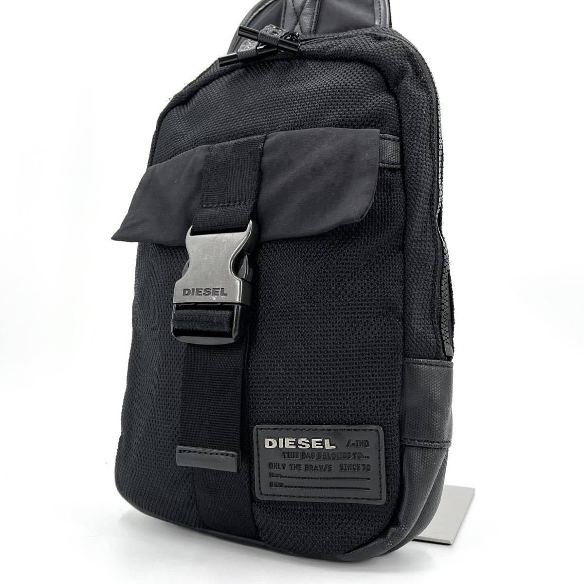 1円【希少・美品】DIESEL ディーゼル ショルダー ボディバッグ メンズ 斜め掛け クロスボディ キャンバス レザー ロゴプレート ブラック 黒
