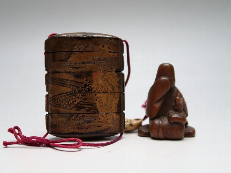 【集】091903黄楊木彫刻　人物文根付　風景人物文印籠　時代提げ物