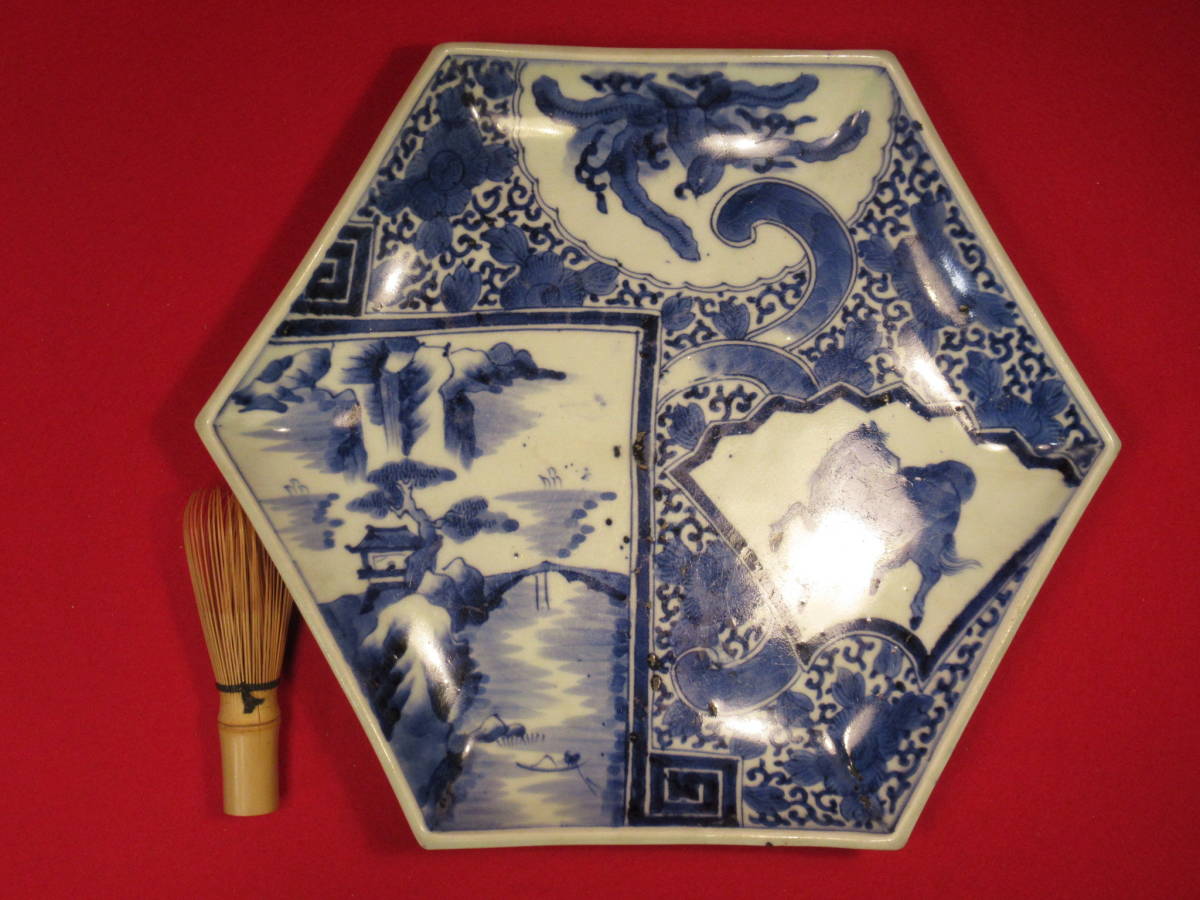 古伊万里 染付 | 花と唐草 鳳凰 六角皿 - 生活骨董と古布の