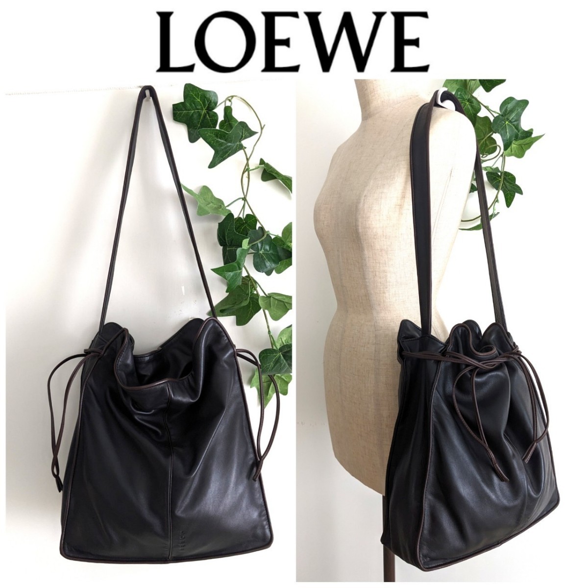美品 ロエベ 上質 ラムスキン 巾着 レザー 本革 ショルダー トートバッグ 軽量 斜め掛け 肩掛け ヴィンテージ LOEWE 黒 レディース メンズ