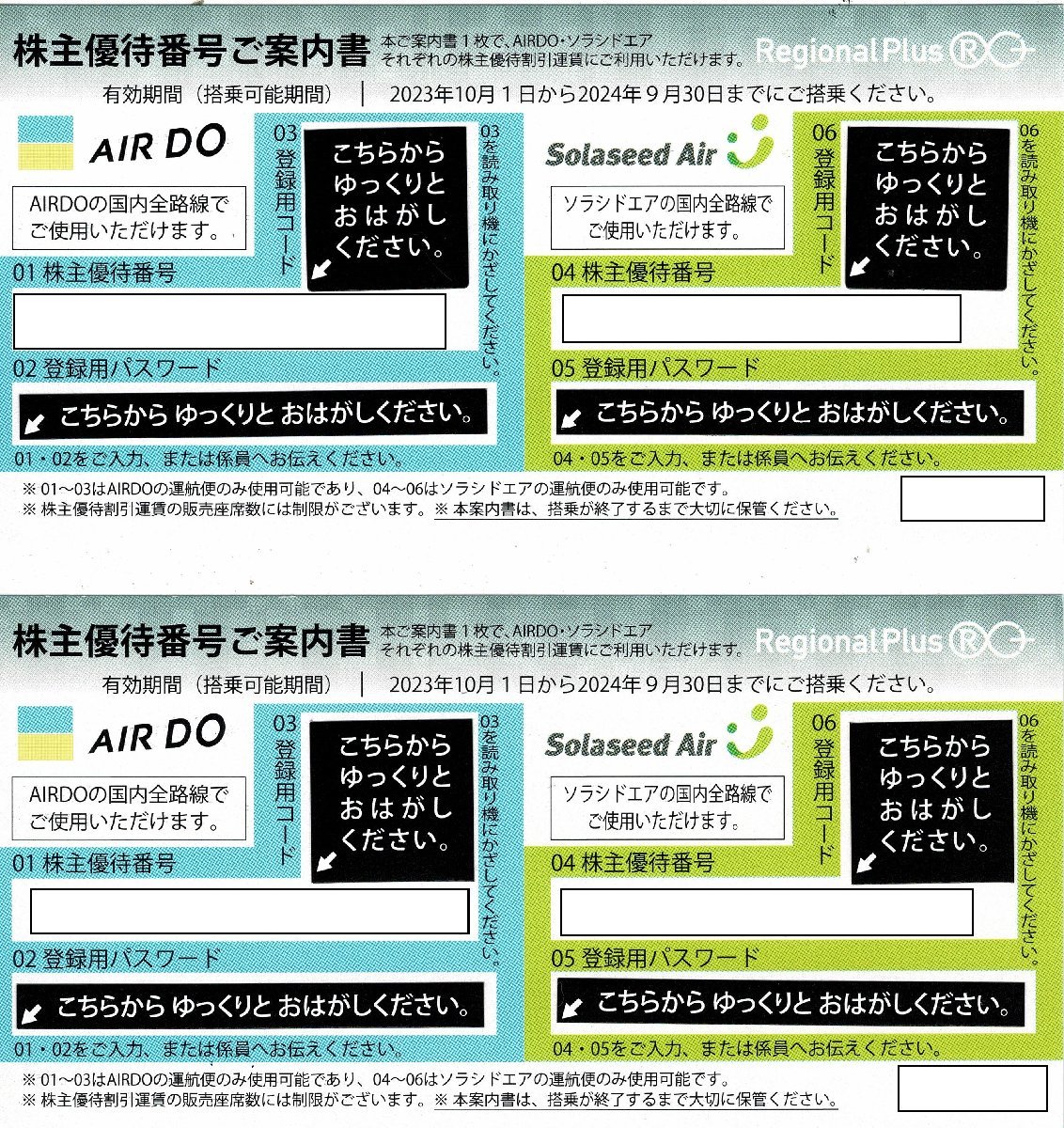 2枚セット】RegionalPlus Wings リージョナルプラスウイングス 株主  