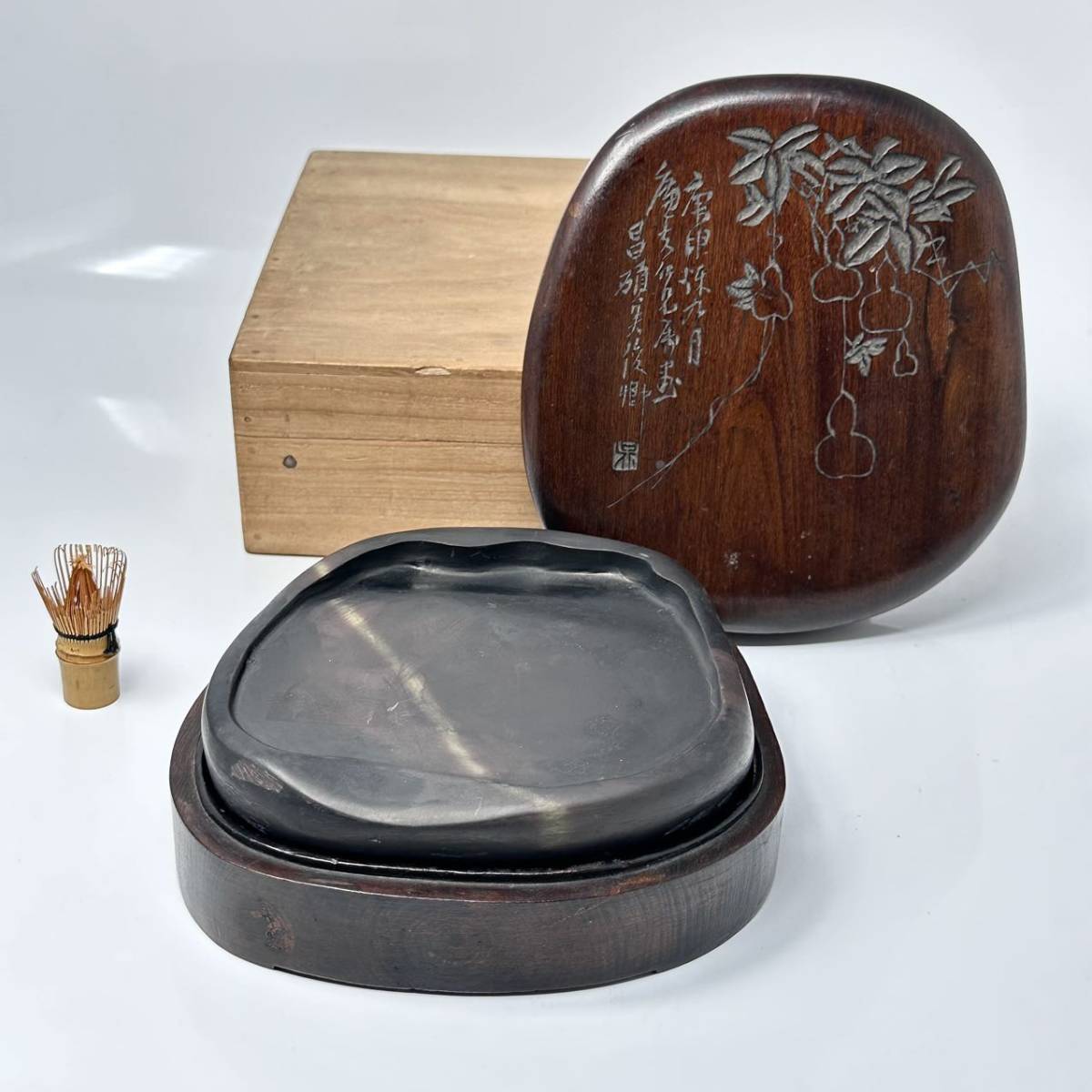 時代物 旧家整理品 清朝期 端渓詩文硯 呉昌碩、龍石在銘 在印 古物保証 