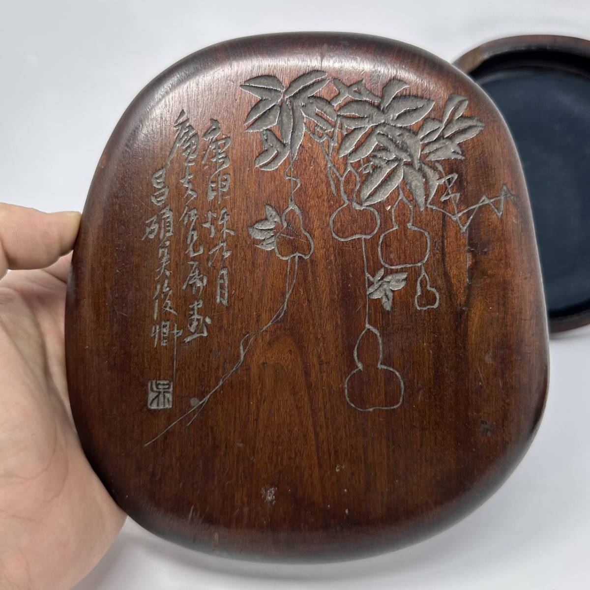 時代物 旧家整理品 清朝期 端渓詩文硯 呉昌碩、龍石在銘 在印 古物保証 