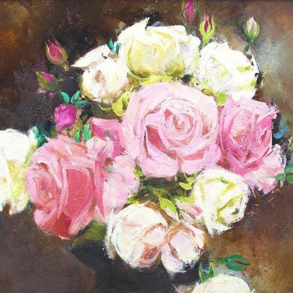 真作】【WISH】中島絹子「薔薇」油彩 10号 ◇可憐・バラ逸品 〇師:斎藤