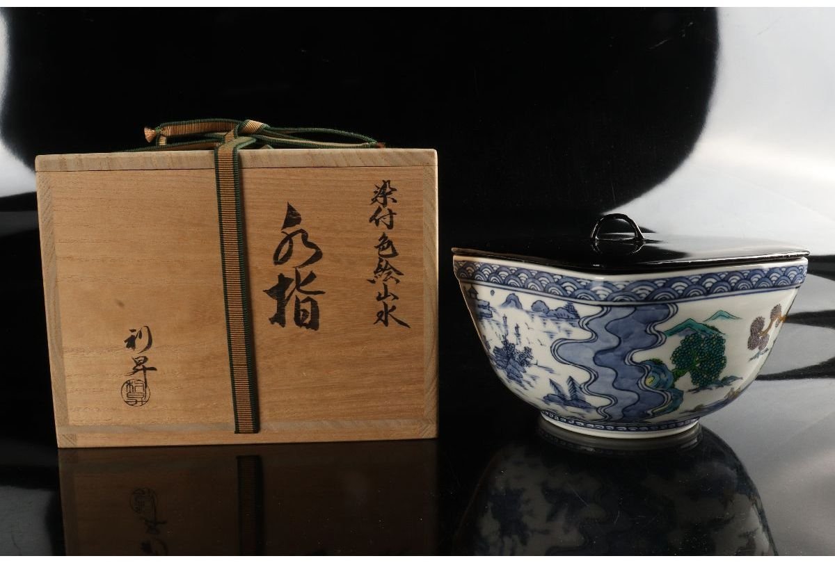 ギャラ藤]三代目加藤利昇 造/染付色絵山水水指/共箱/D-220 (検索)骨董