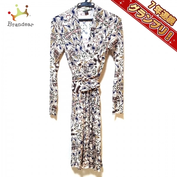 イッサロンドン ISSA サイズUS2 S - ベージュ×マルチ レディース Vネック/長袖/ロング ワンピース