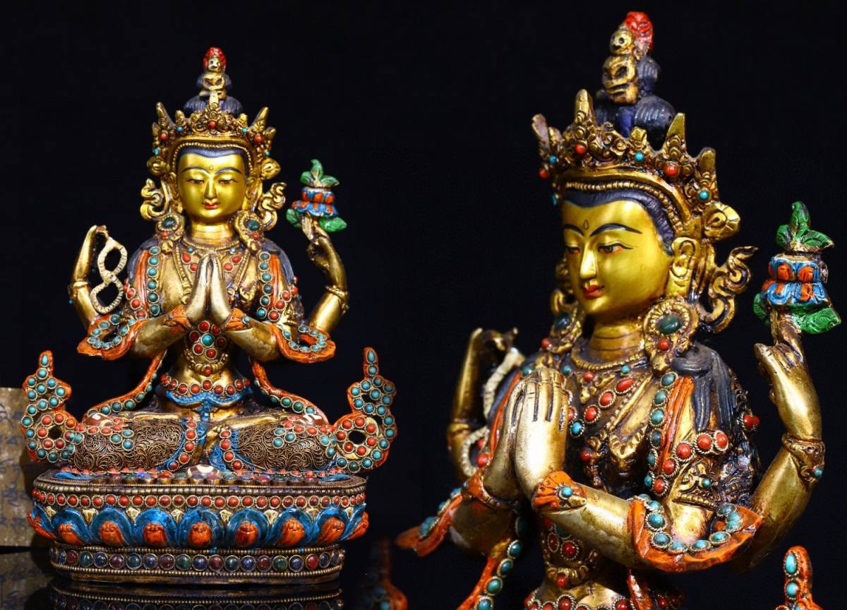◇明神◇極上珍品・中国・時代物・銅金彫・嵌め宝石四臂観音座像・金水