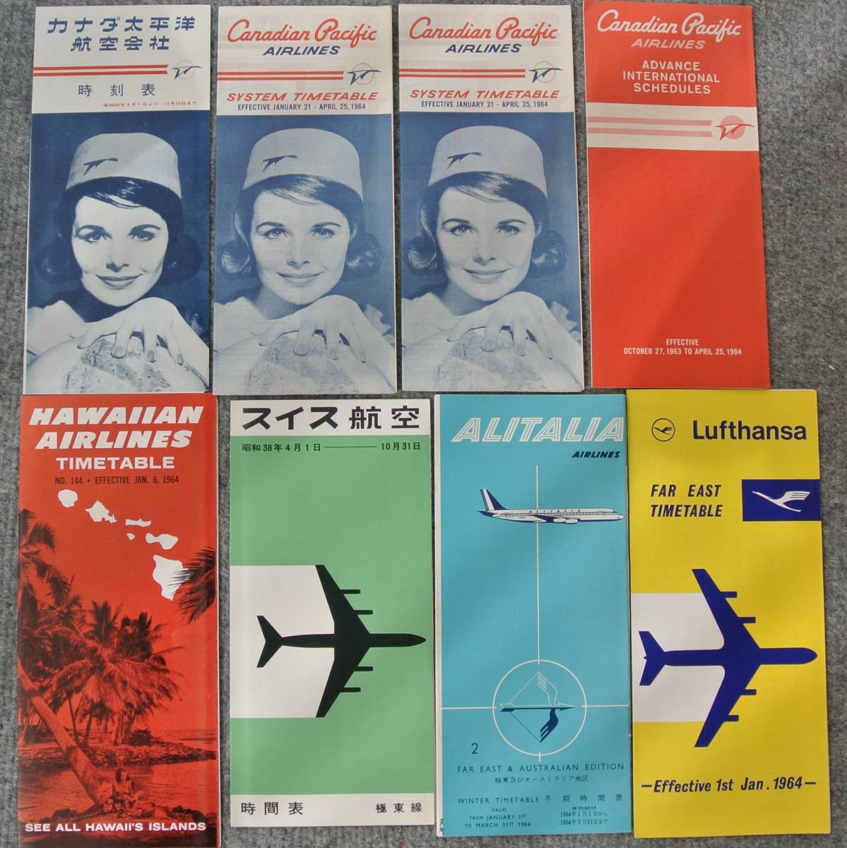 1960年代 航空会社 時刻表 8冊 / Canadian Pacific重複アリ、Hawaiian Airlines 、Alitalia、Lufthansa、スイス航空