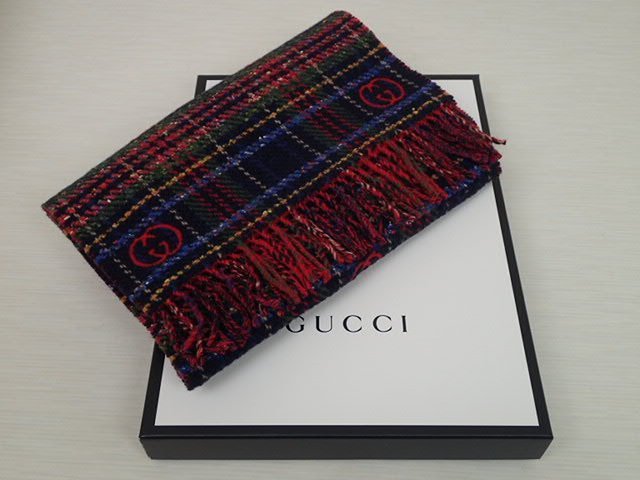 GUCCI/グッチ☆GGロゴ チェック 羊毛 ウール ストール マフラー クリスマスカラー レッド フリンジ リバーシブル 箱付き 643208