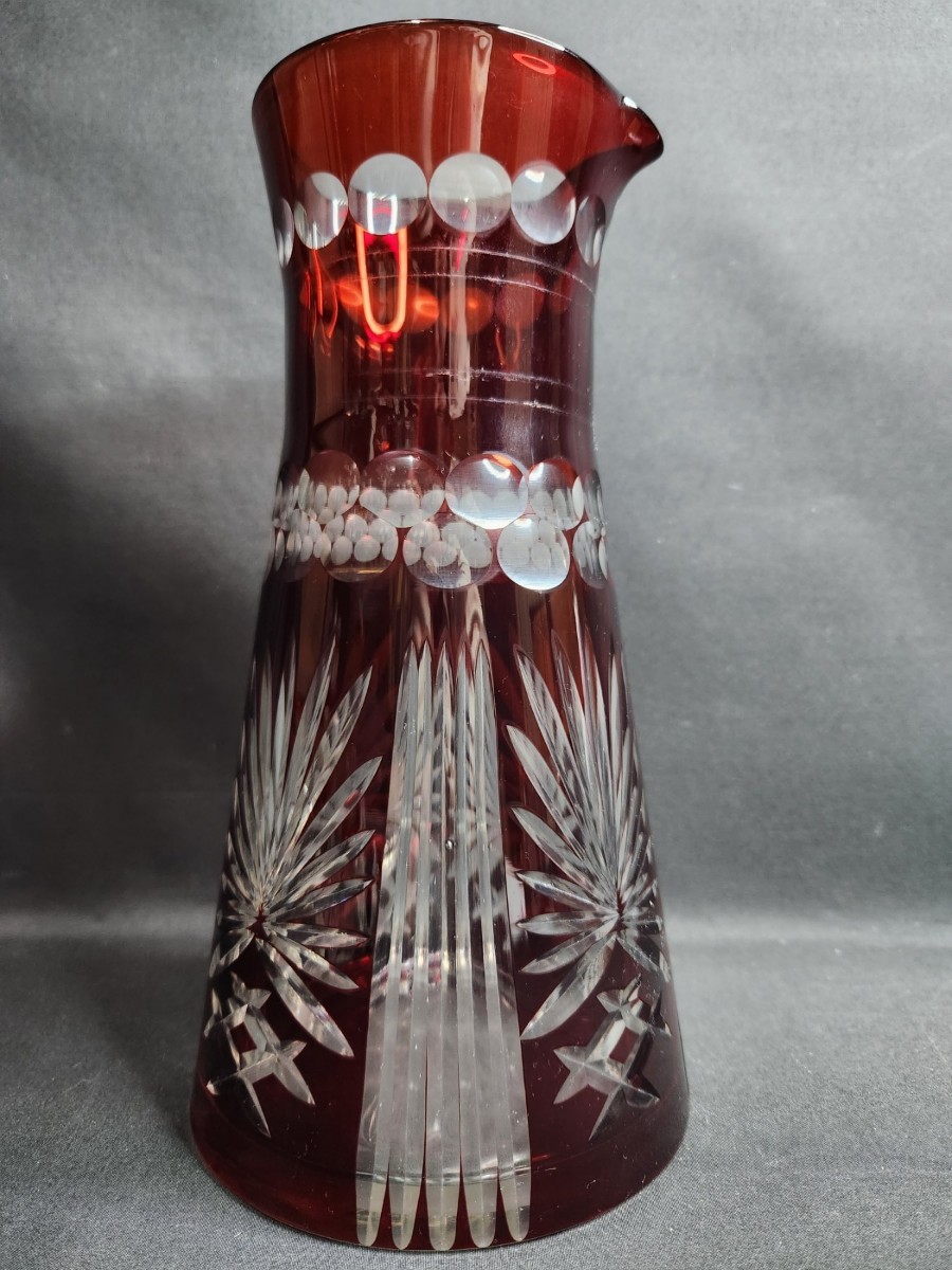 ▽骨董品/ 江戸切子/ ビンテージ 赤被せ切子 ガラス ピッチャー 水差し  