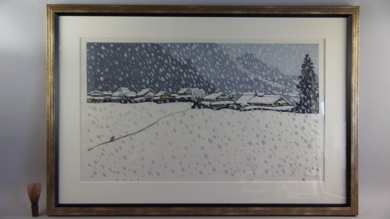 hh653 真作 池田憲雄 雪降る里 木版画 共シール 額装