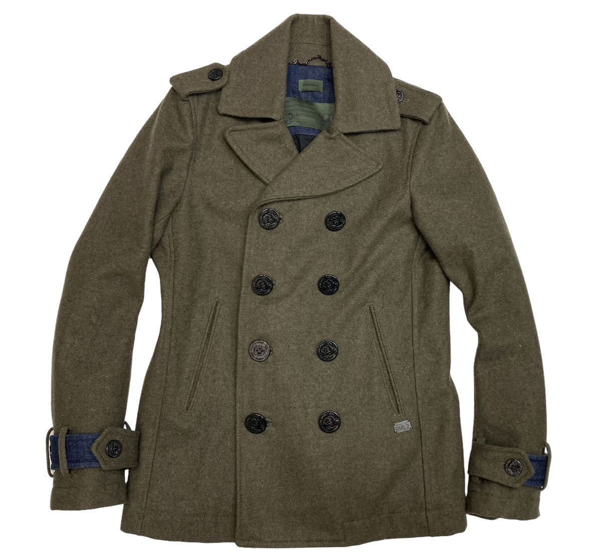 新品同様！定価5.5万円 トルコ製 DIESEL ディーゼル デニム切替 メルトンウール ピーコート オリーブ/S(EUR) M程度