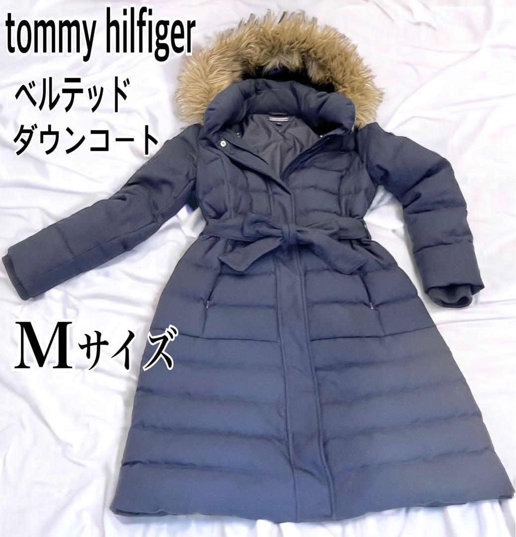 トミーヒルフィガー ダウンコート ベルト ファー ネイビー M Aライン 美シルエット Mサイズ NAVY ネイビー ファー付き （脱着可）