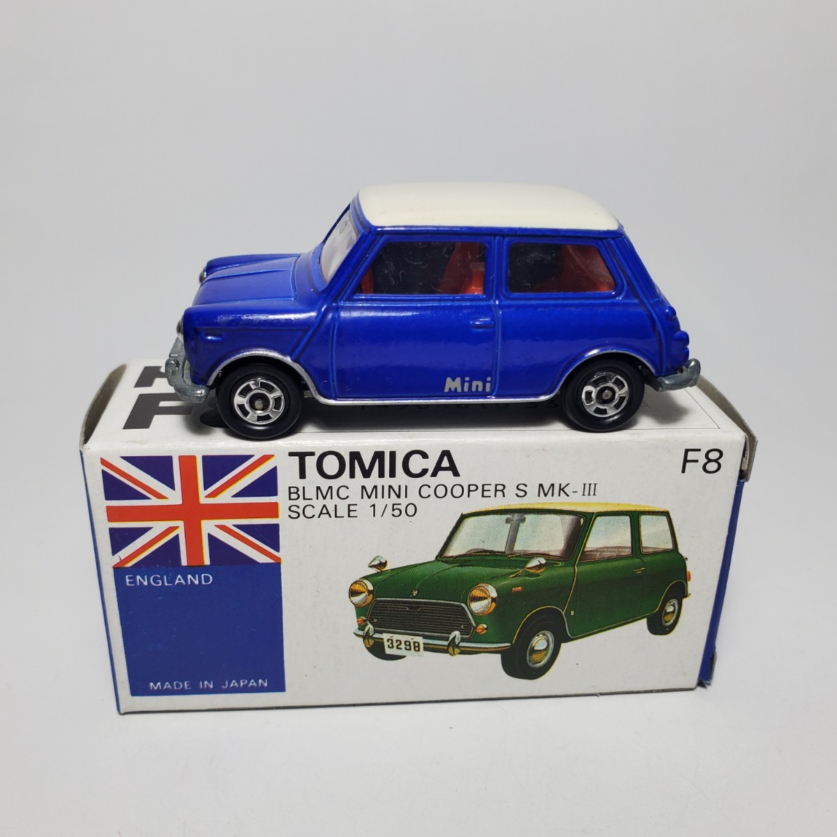 トミカ 1/50 NO.F8「BLMC MINI COOPER S MK Ⅲ 1979 青/白」箱付き 日本製 良品 527