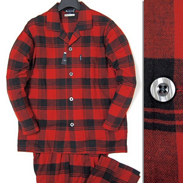 新品 アクアスキュータム 微起毛 ヘリンボーン チェック パジャマ L 赤黒 【J45228】 Aquascutum LONDON 秋冬 メンズ 開襟 前開き パンツ