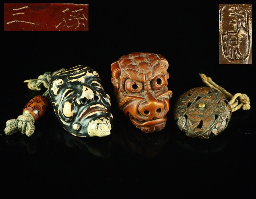 治】在銘 時代堤物 木彫・銅製 能面・獅子舞・葉紋透根付三点