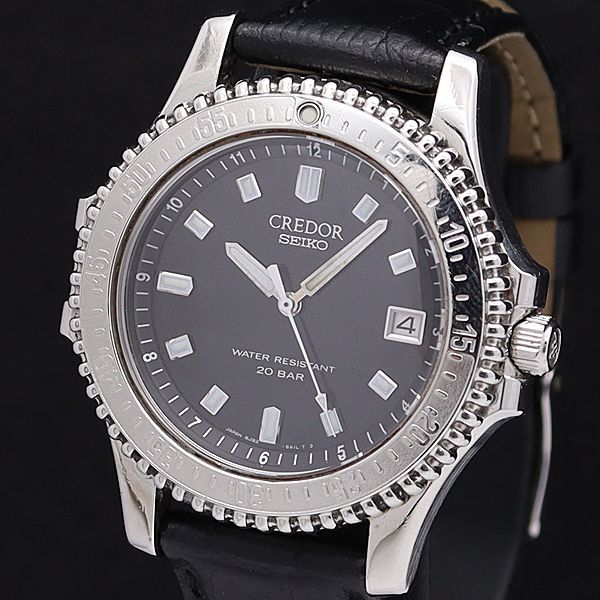 1円 稼働 良品 セイコー QZ 8J82-6A10 クレドール パシフィーク 黒文字盤 デイト ラウンド メンズ腕時計 8225300KNK