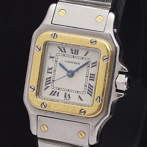 1円 稼働 良品 カルティエ AT/自動巻 サントスガルベ SS×YG アイボリー文字盤 スクエア レディース腕時計 0050710NKG