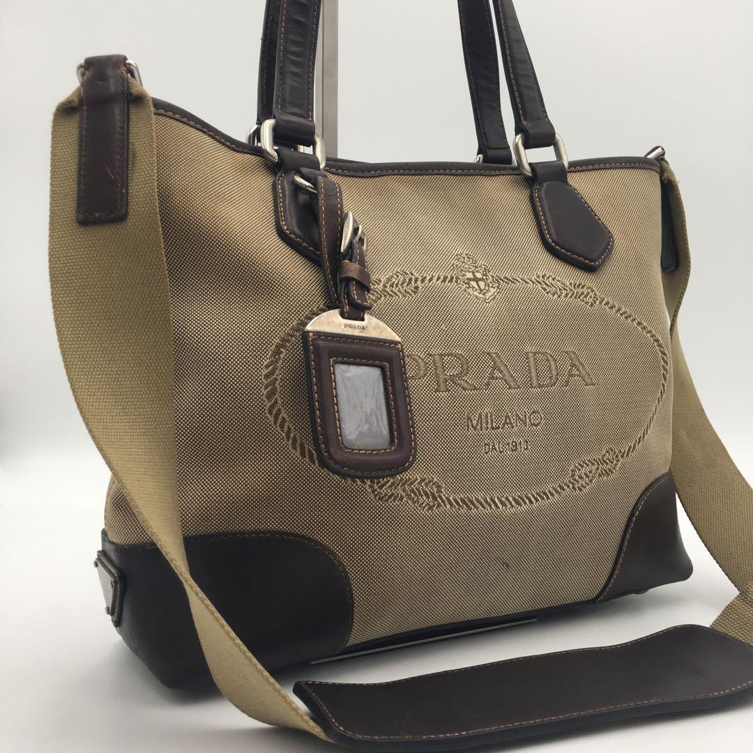 美品 PRADA プラダ トートバッグ 2way ロゴジャガード ブラウン