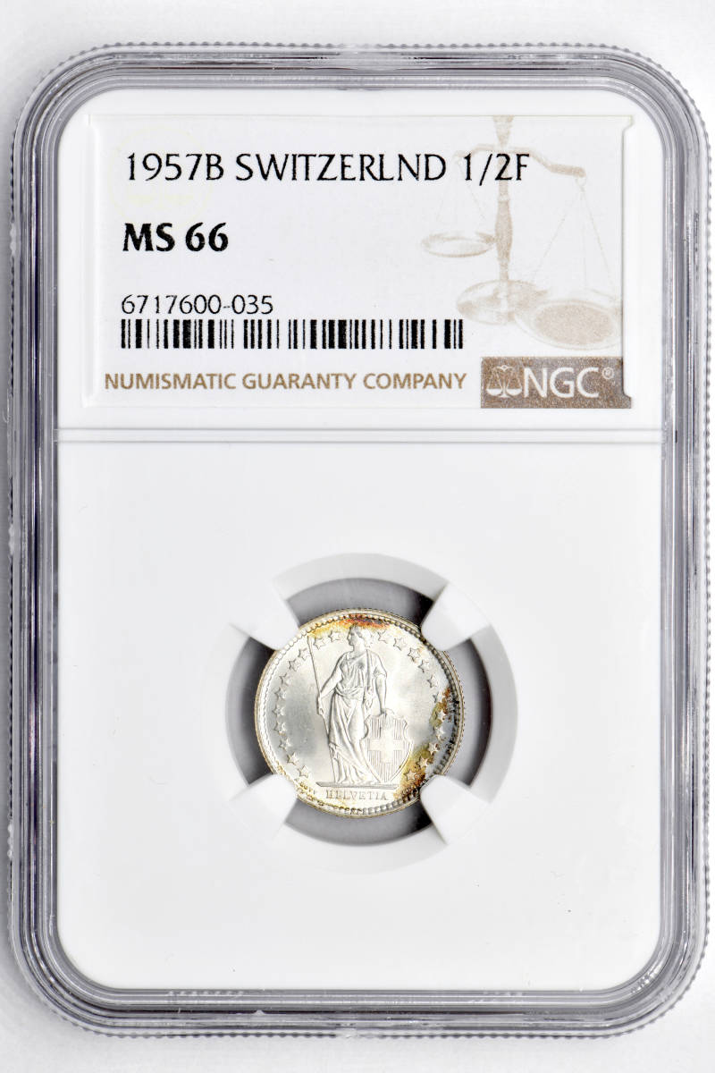 1円〜【N社準最高鑑定】1957B スイス 1/2F銀貨 NGC MS66 完全未使用