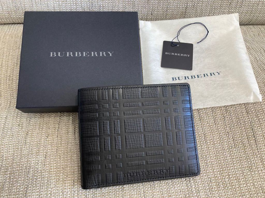 【美品】バーバリー BURBERRY シャドーチェック ノバチェック 牛革 二つ折り財布 札入れ カード入れ ブラック 日本製