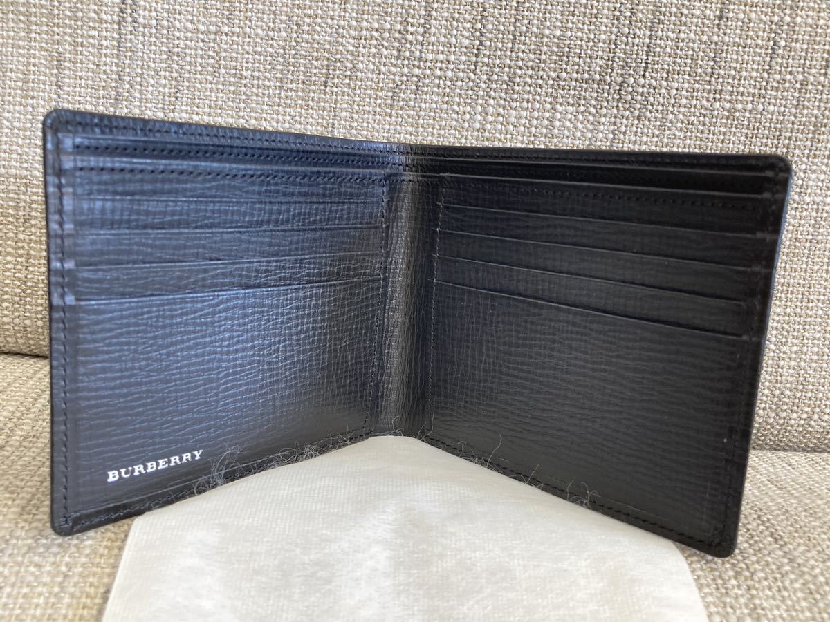【美品】バーバリー BURBERRY シャドーチェック ノバチェック 牛革 二つ折り財布 札入れ カード入れ ブラック 日本製