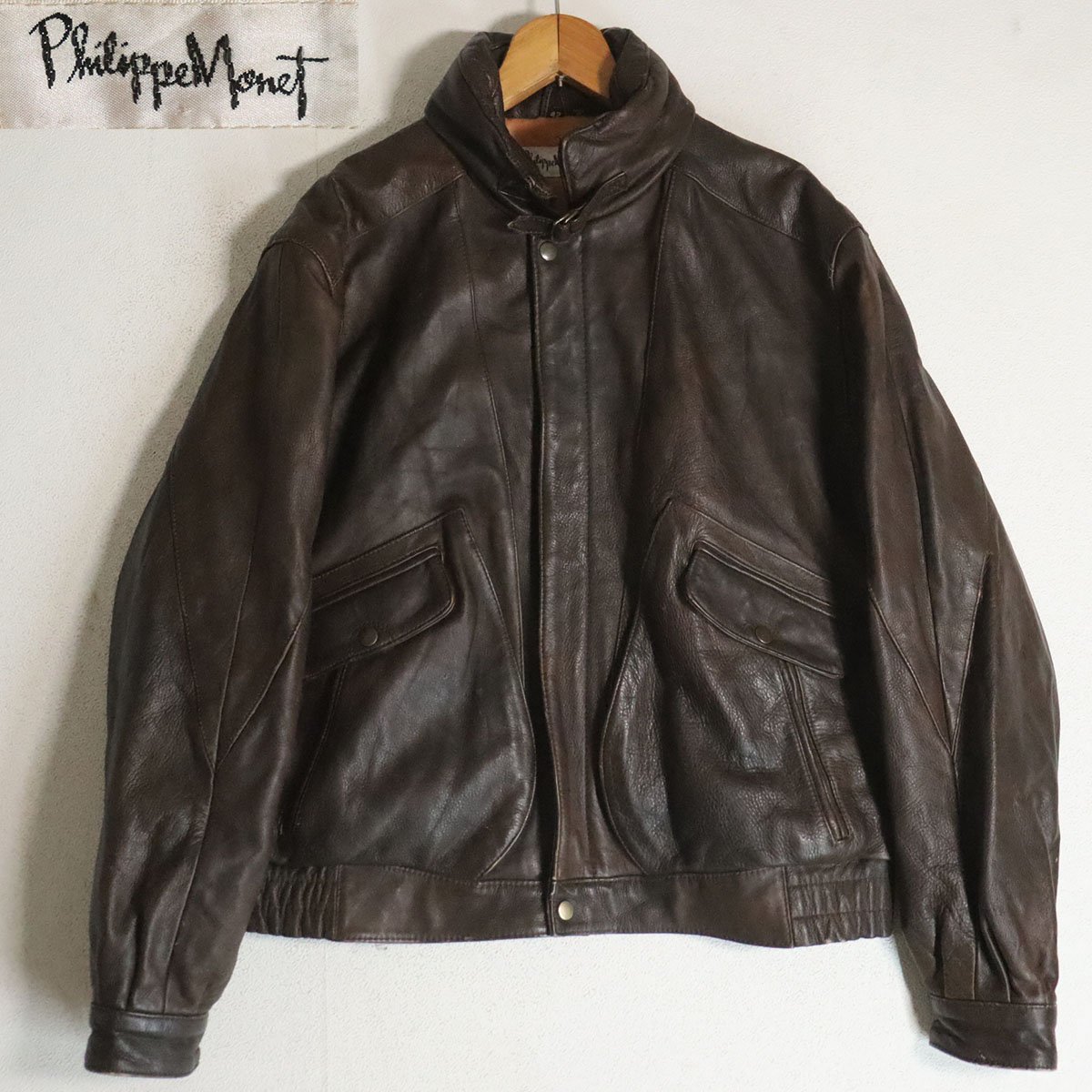 I8S/s4.4-3　Philippe Monet　フライトジャケット　本革　レザージャケット　革ジャン　皮ジャン　メンズ　42　ブラウン　ヴィンテージ