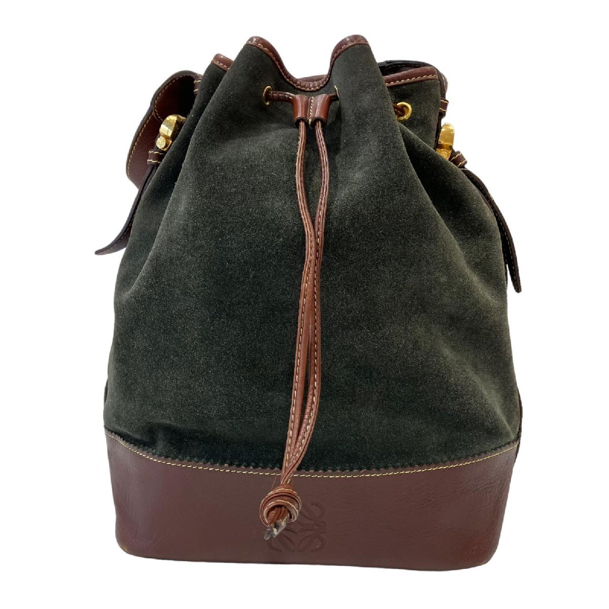 LOEWE ロエベ アナグラム スエード グリーン系×ブラウン 巾着 