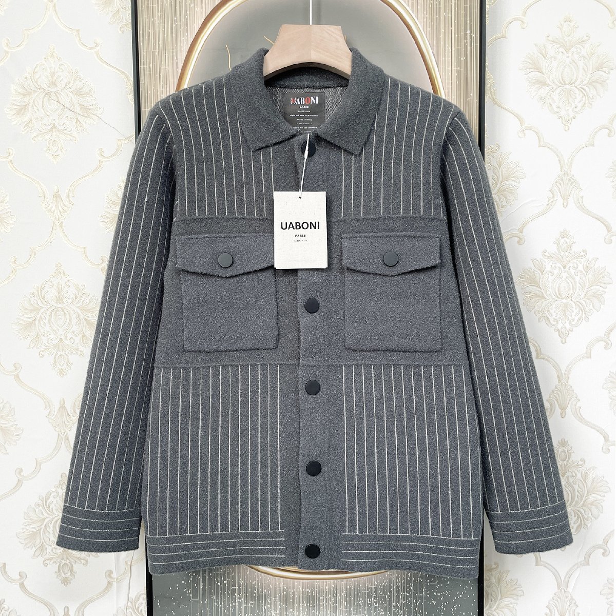 最高級EU製＆定価7万◆UABONI*Paris*ジャケット*ユアボニ*パリ発◆豪華ミンク/カシミヤ混 柔らか 保温 ストライプ アウター 普段着 秋冬 M