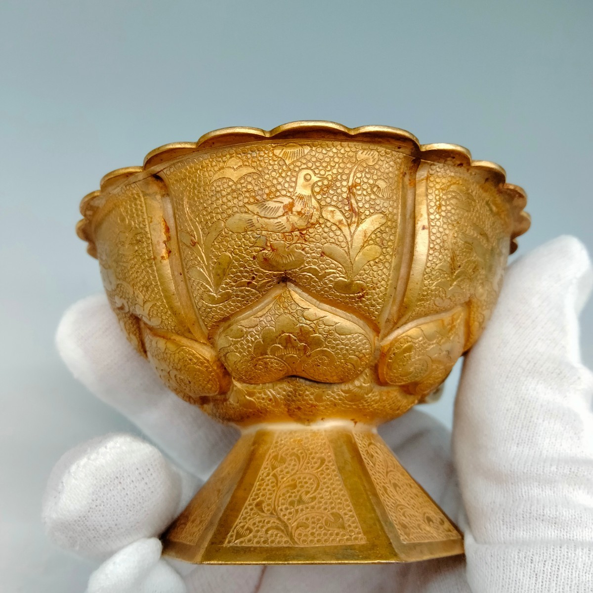 旭】銅鍍金鳥模様紋取手付き杯 古美術 中国 寶 唐物 古玩 H6cm，口径