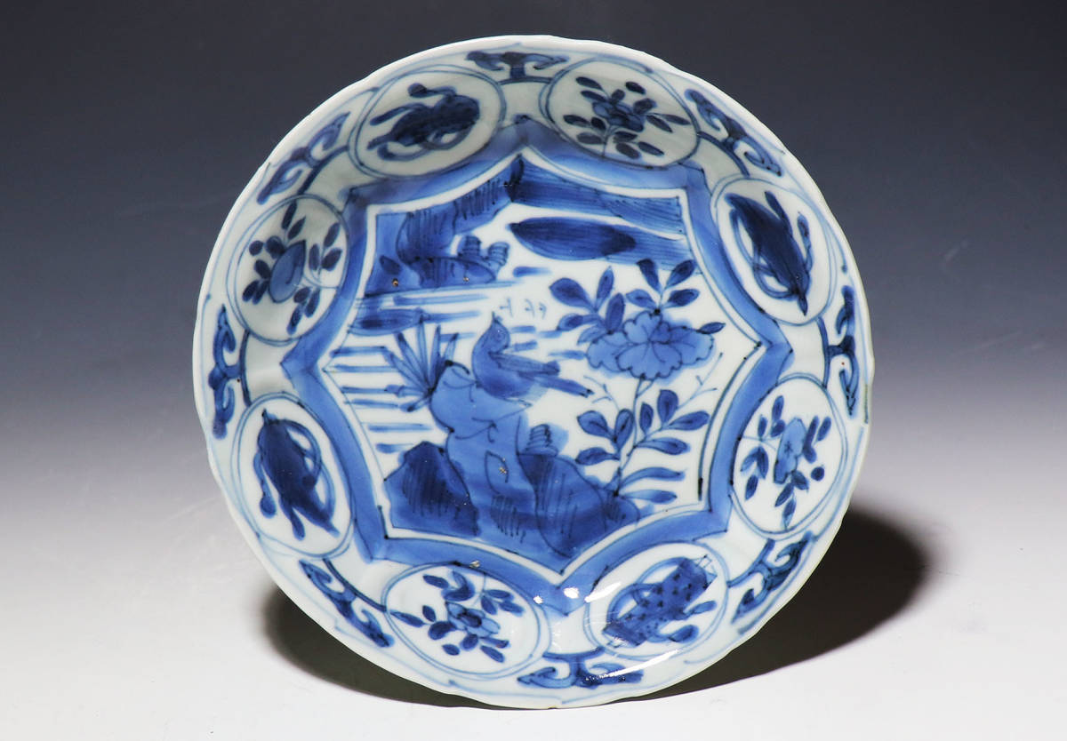小鉢 古染付 明末清初期 染付 鳥の図 芙蓉手 中国骨董 希少 B 花】古染付：明末清初染付鳥の図芙蓉手皿 其の参 中国明末～清朝初期