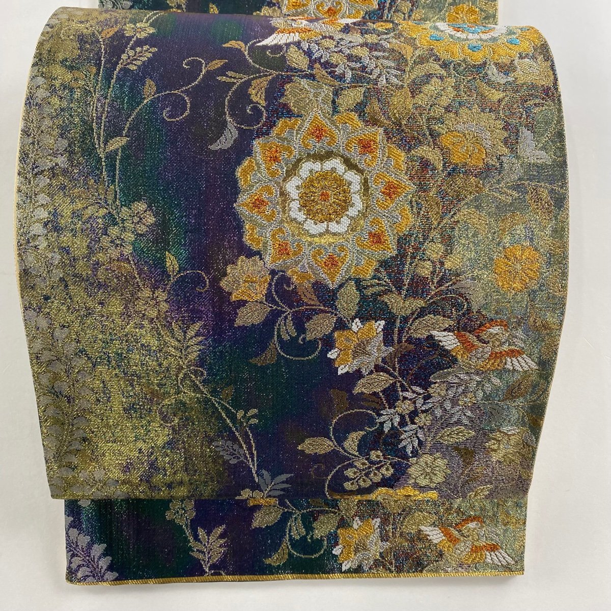 SALE，品質保証 袋帯 美品 秀品 華文 花喰鳥 金糸 箔 紫 六通