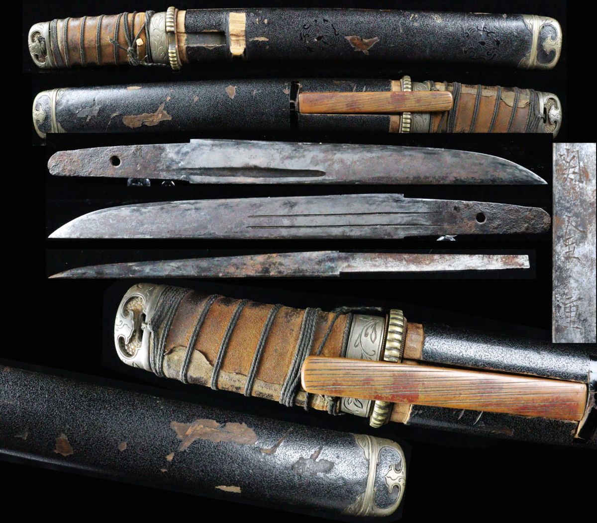 時代武具 短刀 無銘 19.6cm 桃山 錆身 時代銅地唐草文彫金縁頭一作