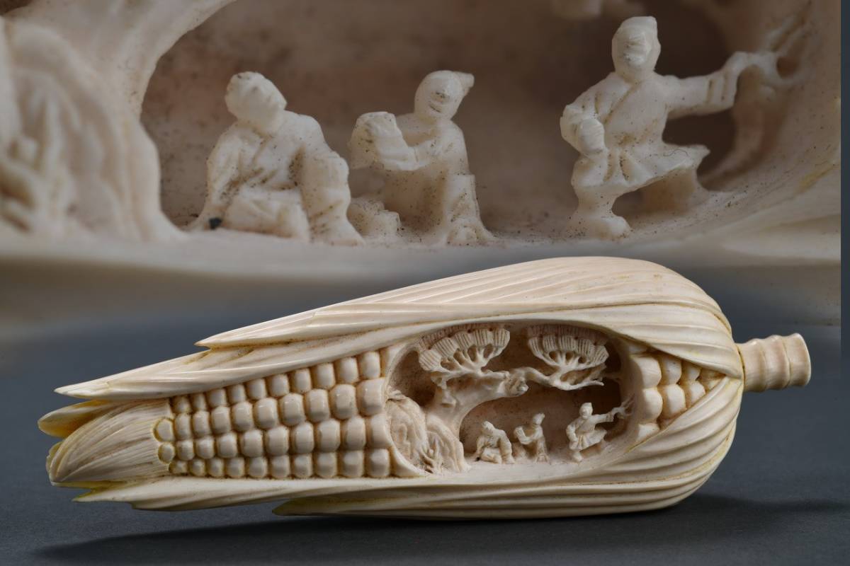 ◆明神◆極上珍品・時代物・特殊白材芯料・人物故事紋玉米形置物・珍材和彫 極細工 古置物 古擺件 古美術 古美味 古董品DZ-61