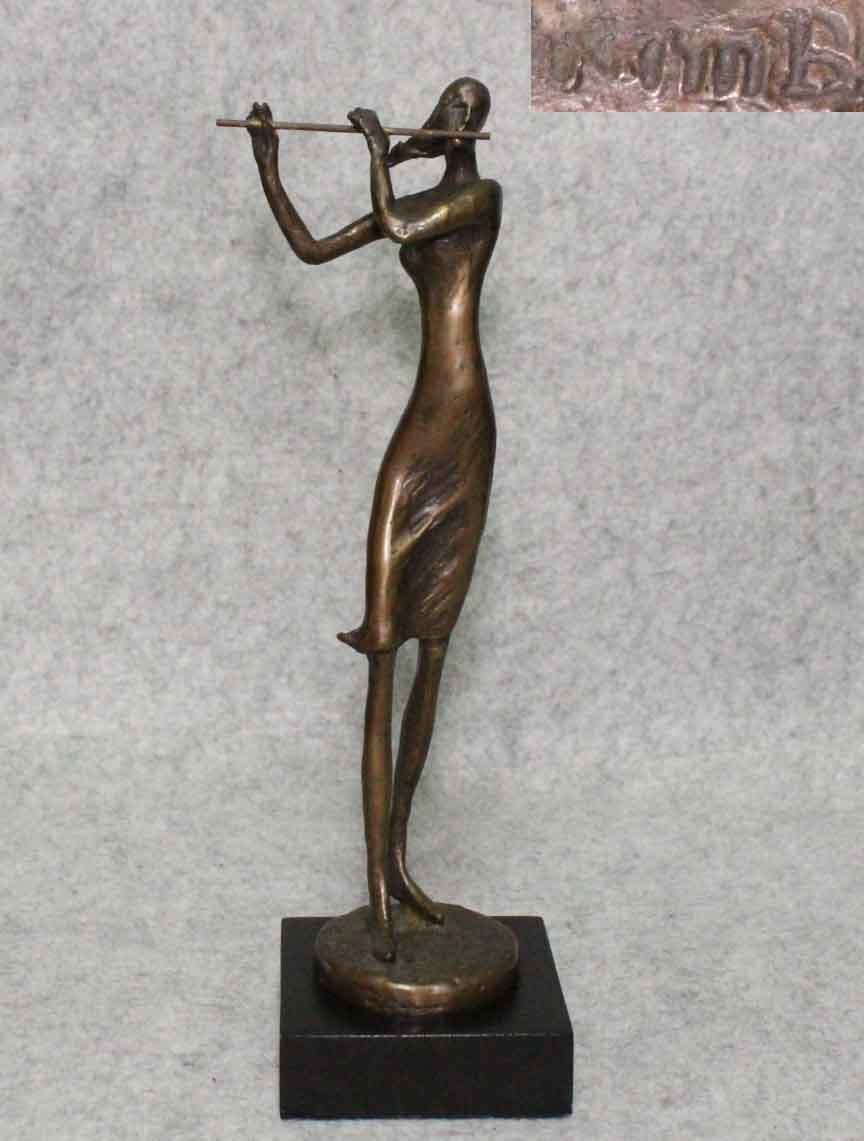 金属工芸○○女性像 笛吹き ブロンズ像○音楽家 フルート 27cm 置物